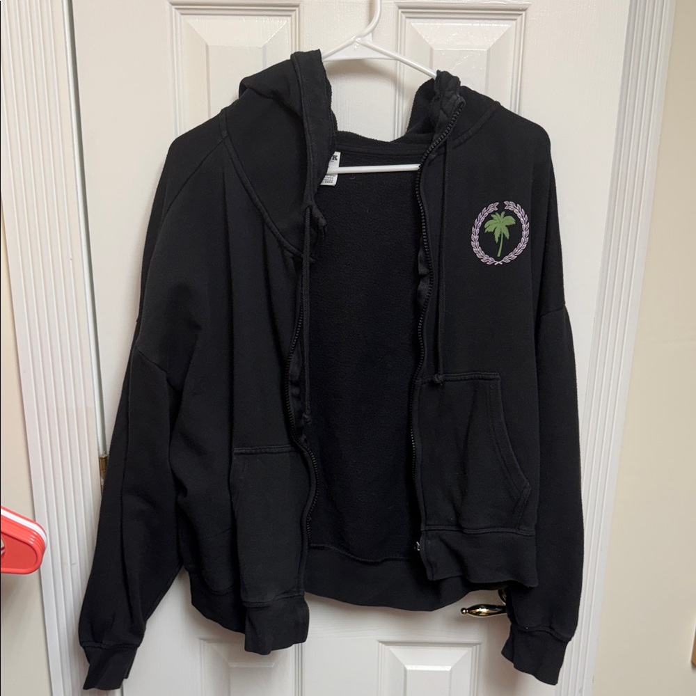 Pink Black Zip-Up Hoodie with Palm Emblem